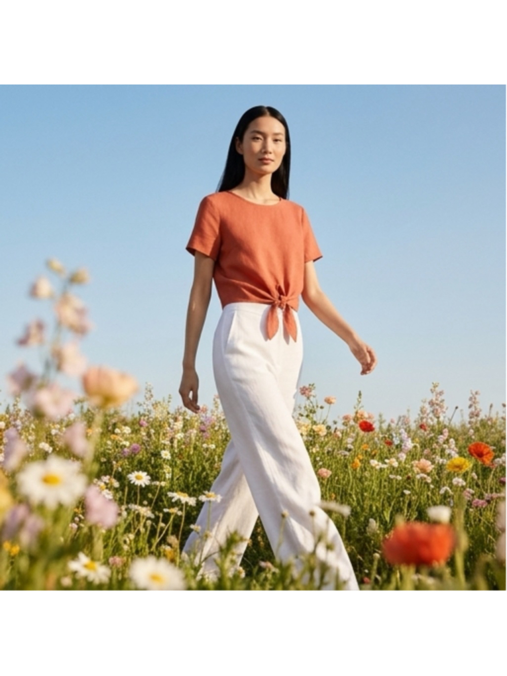 Rachel Zoe Linen Tie-Front Button-Back Top Rust Orange Smalli